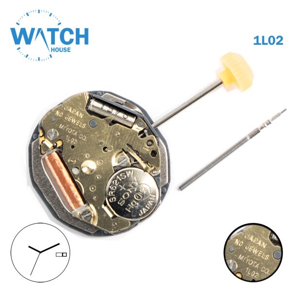 MIYOTA 1L02 Japanese Movement, 2 disk ( day- date) at 3 , 3 hands.