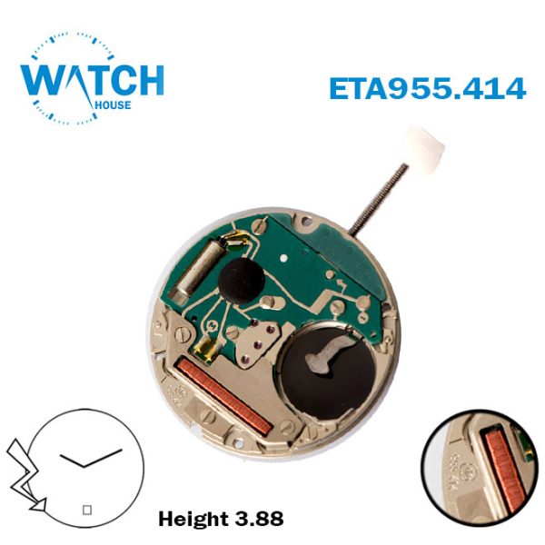 ETA 955.414 Swiss Watch Quartz Movement, White Date Disk at 6, 2 Hands.