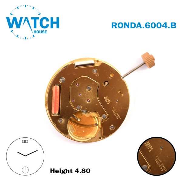 Ronda 6004.B Swiss Made Watch Movement, White Date Disk at 12, Small SEC at 6, 2 Hands.