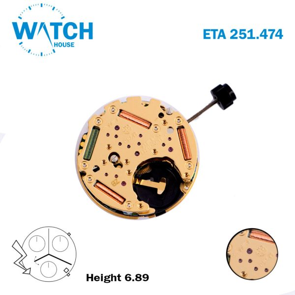 ETA 251.474 Swiss Made Watch Movement, Replacement for 251.471, White Date Disk at 4, Chronograph, { 3 Conter }
