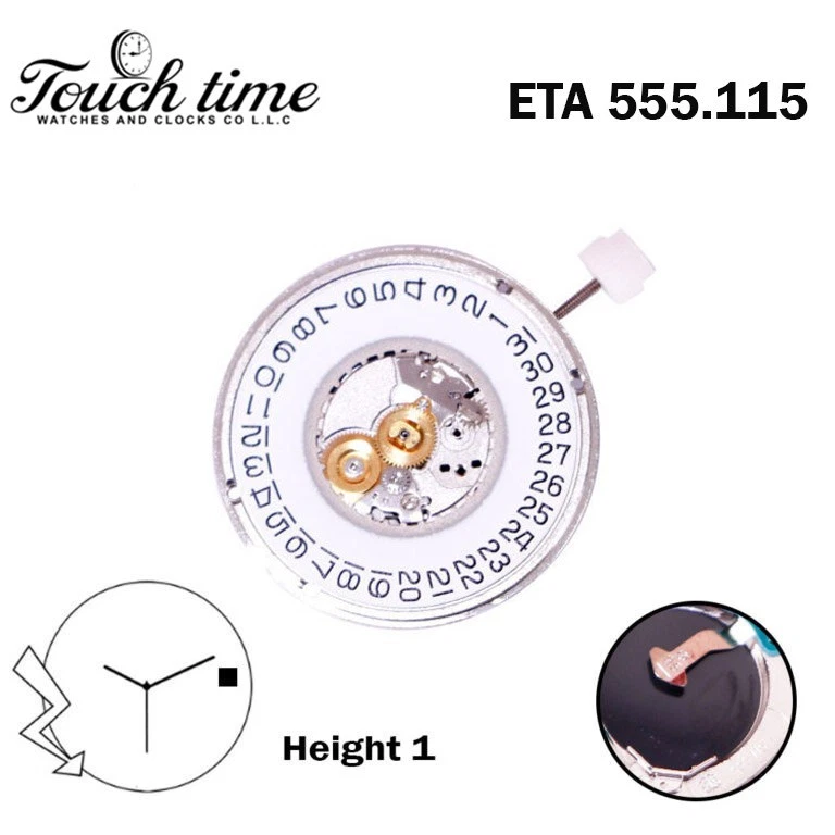 ETA 555.115 Swiss Quartz Movement-3 Hands-White Date Disk at 3-H:3.60mm-5 Jewels. thumbnail 2
