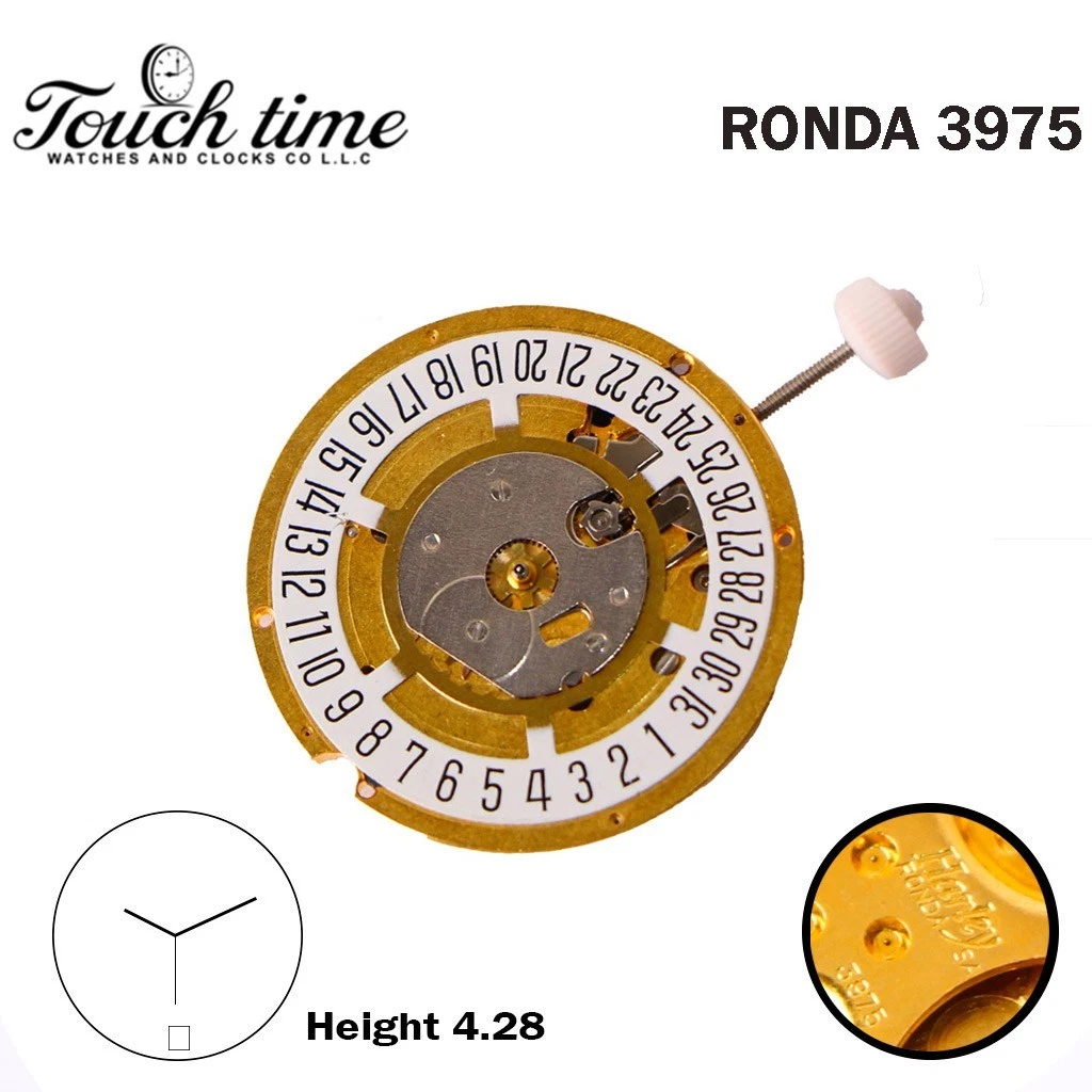 Ronda 3975 Harley سويسري ساعة حركة - 3 عقارب - أبيض قرص التاريخ عند 6 - Plated ذهبي. thumbnail 2