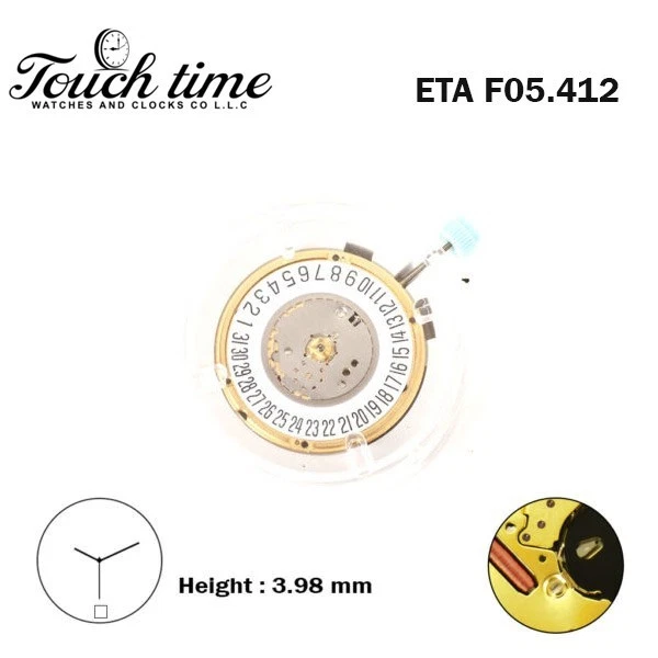ETA F05.412 سويسري صناعة ساعة حركة - 3عقارب - أبيض قرص التاريخ عند 6 - Hight 3.98mm. thumbnail 2