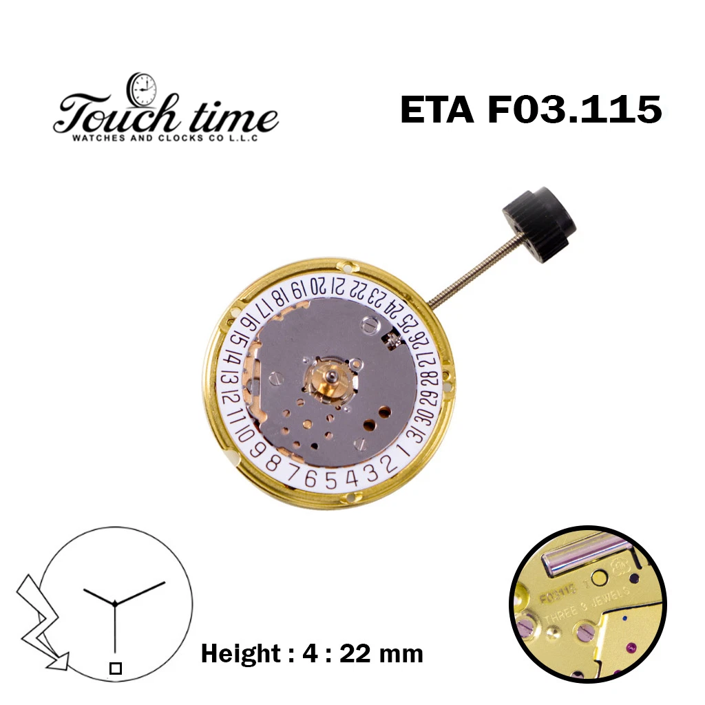 ETA F03.115 سويسري صناعة حركة كوارتز, أبيض قرص التاريخ عند 6, الارتفاع (4.22mm). thumbnail 2