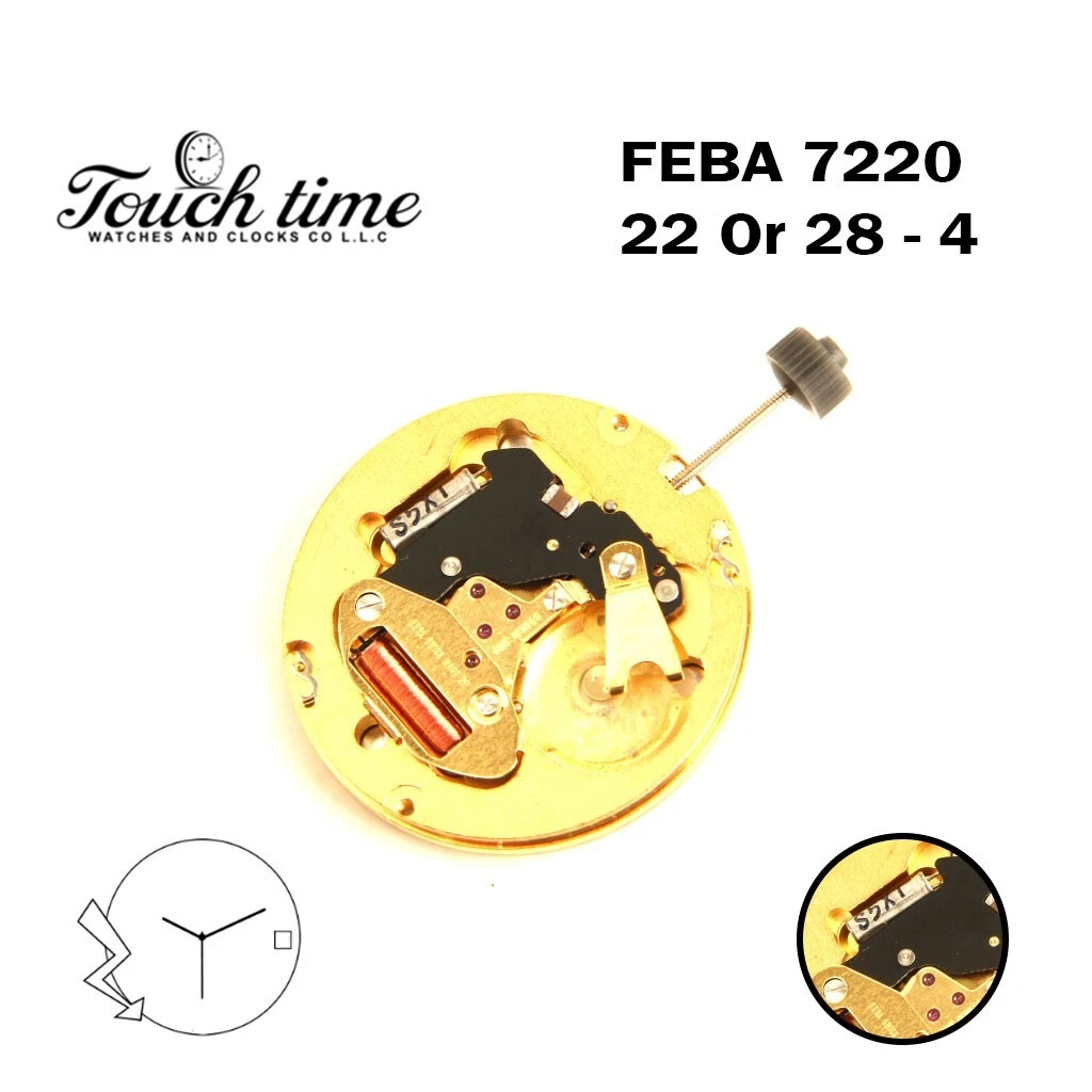 FEBA 7220 22 Or 28 – 4 Swiss Made Watch Movement, 3 Hands, White Date Disk At 3