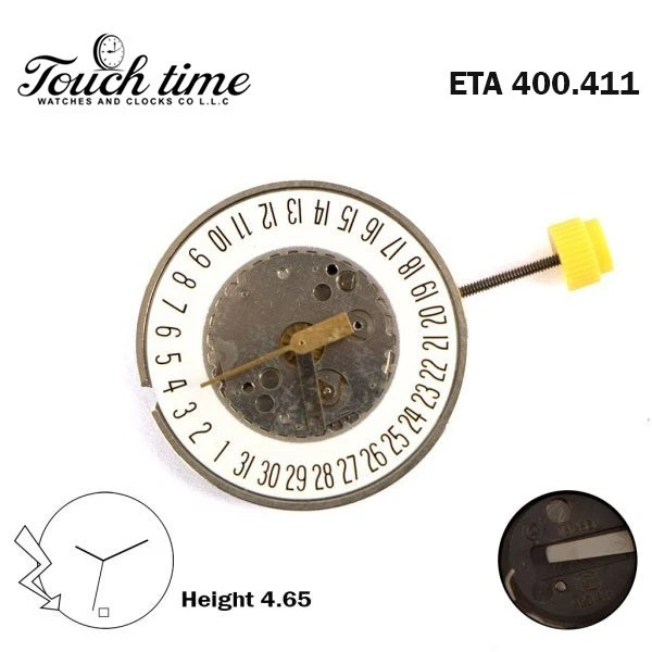 ETA 400.411 Swiss Made Movement- 3 Hands- White Date Disk on 6- Height:4.65mm. thumbnail 2