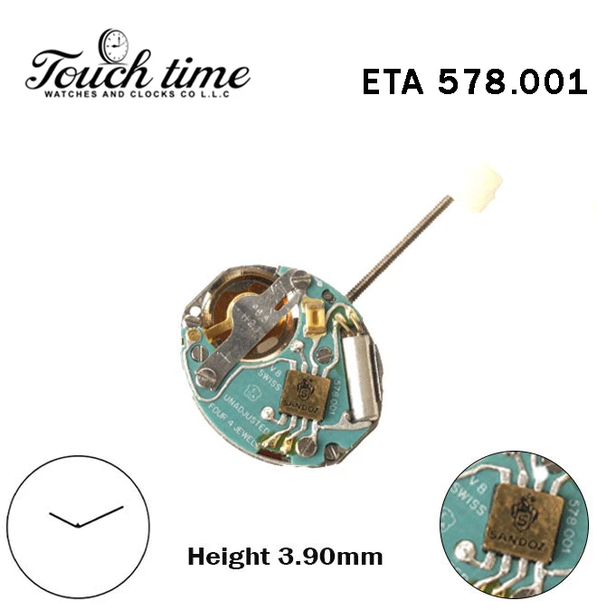 ETA 578.001 - حركة كوارتز سويسرية - H: 3.90mm - Without قرص - 2 عقارب.