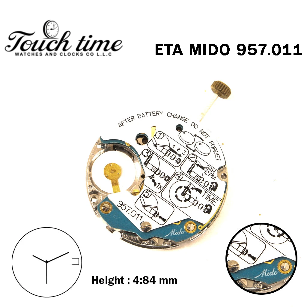 ETA 957.011 - MIDO - حركة كوارتز سويسرية - أبيض تاريخ/Day قرص عند 3-3 عقارب - H: 4.84mm