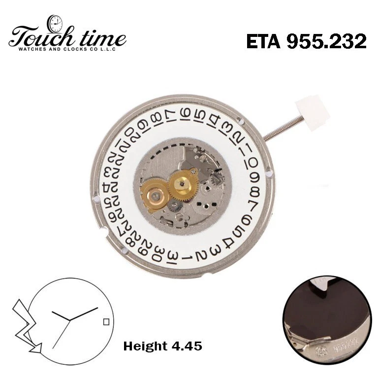 ETA 955.232 Swiss Movement-White Date Disk at 3-Height :4.45mm- Sweep Seconds thumbnail 2