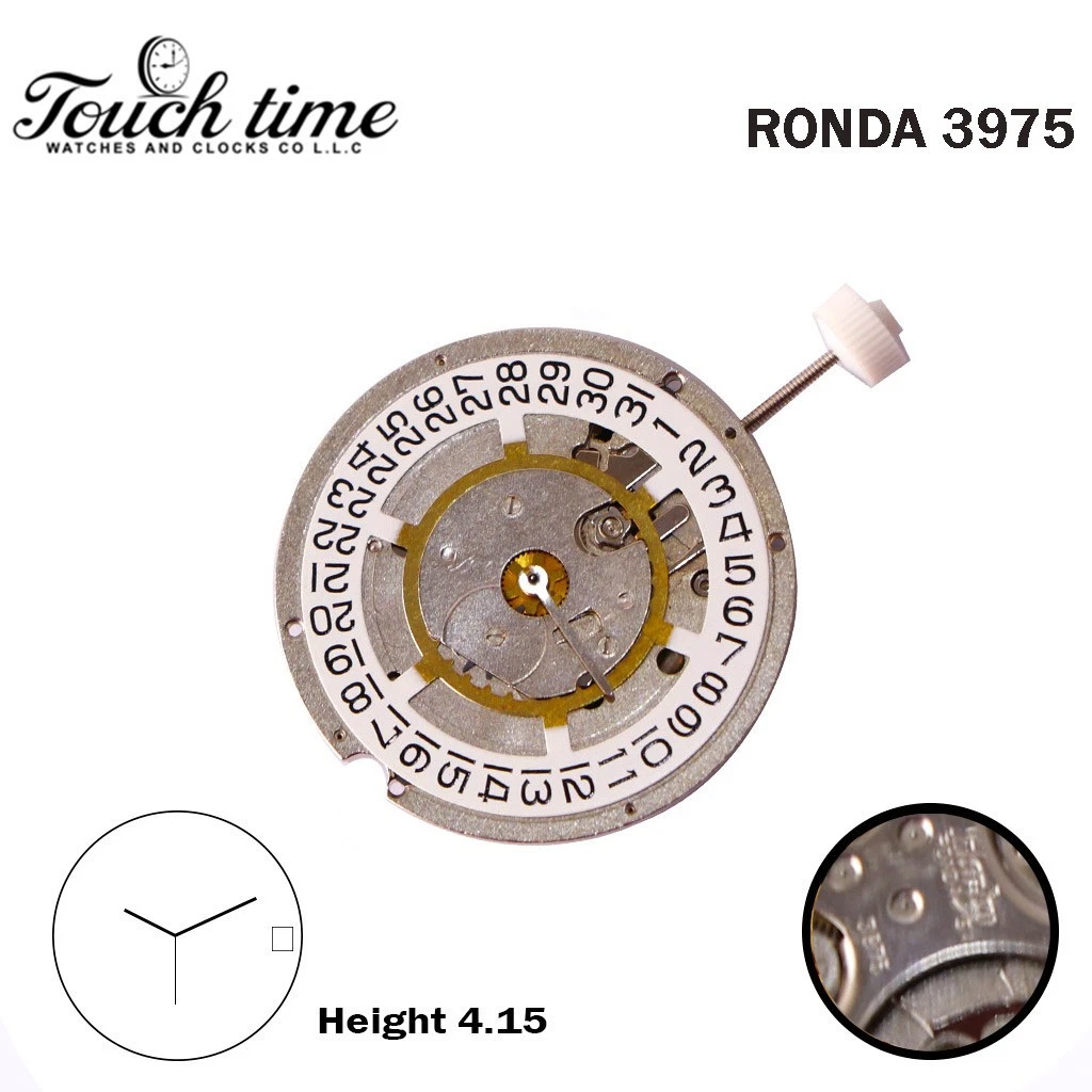 Ronda 3975 Harley Swiss Watch Movement-3 Hands-White Date Disk At 3-H:4.15mm-Plated Silver. thumbnail 2