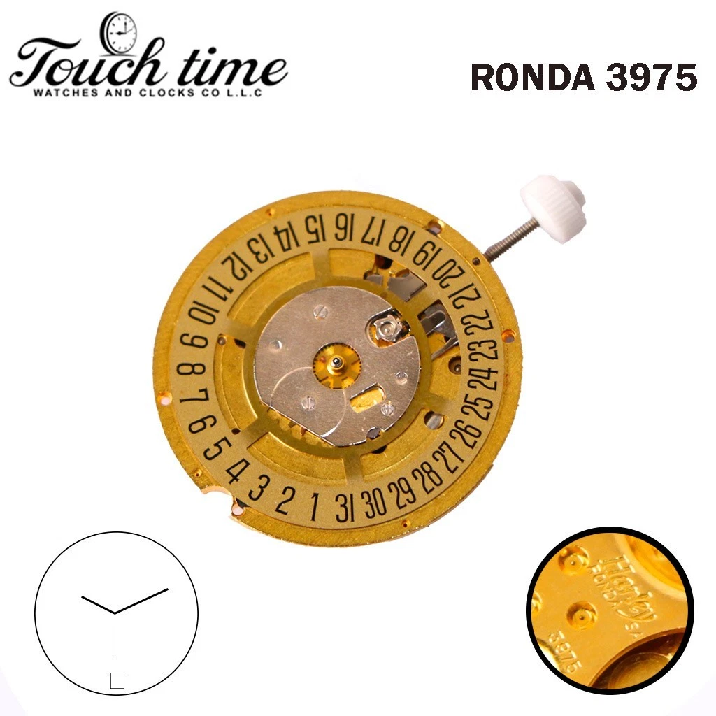 Ronda 3975 Harley Swiss Watch Movement-3 Hands-Gold Date Disk At 6-Plated Gold. thumbnail 2