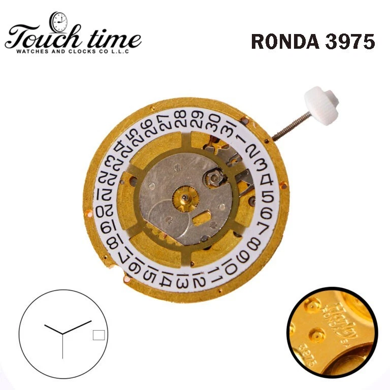 Ronda 3975 Harley Swiss Watch Movement-3 Hands-White Date Disk At 3- Plated Gold. thumbnail 2
