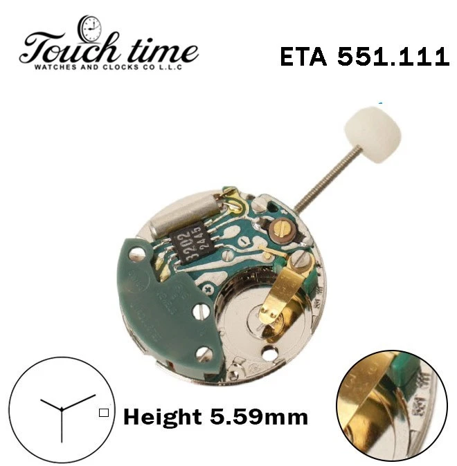 ETA 551.111 Quartz Swiss Movement -White Date Disk At 3-3 Hands-Height:5.59mm