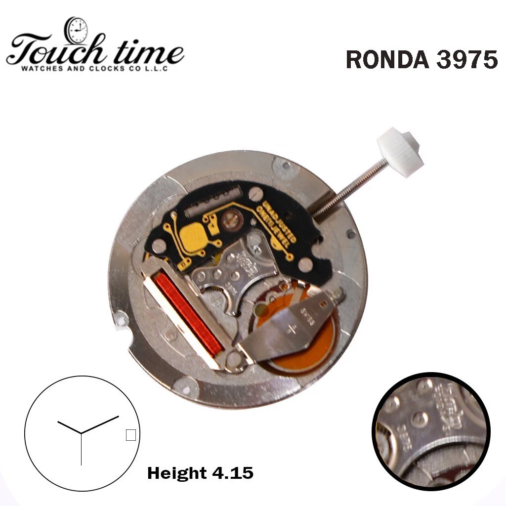 Ronda 3975 Harley Swiss Watch Movement-3 Hands-White Date Disk At 3-H:4.15mm-Plated Silver.