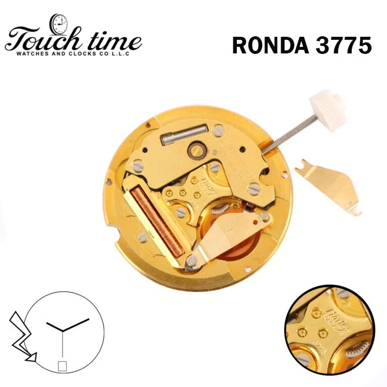 RONDA 3775 Swiss Watch Movement-3Hands-White Date Disk At 6-1 Jewels-Plated Gold