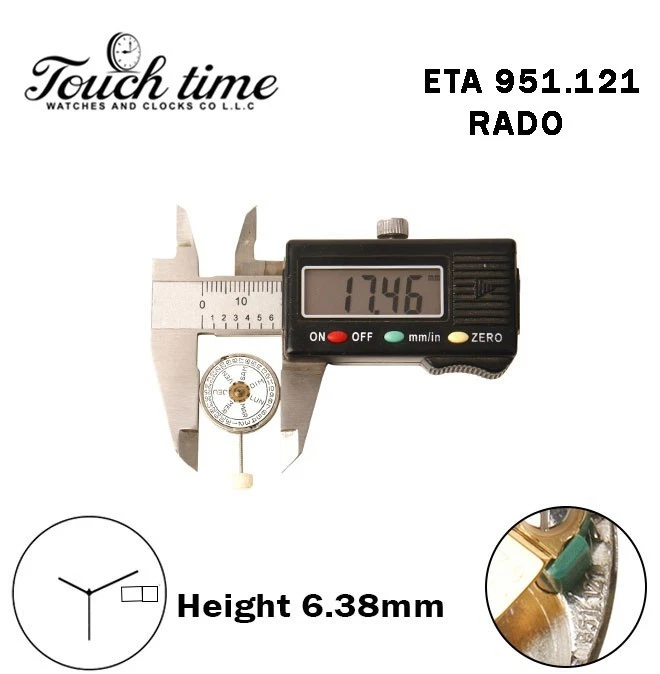 ETA 951.121 - RADO - حركة سويسرية - أبيض تاريخ و French Day قرص عند 3 - H: 6.38mm - 3 عقارب. thumbnail 4