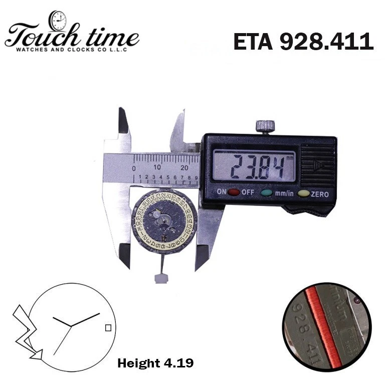 ETA 928.411 حركة كوارتز سويسرية - 3 عقارب - ذهبي قرص التاريخ عند 3 - Without Hour Wheel - الارتفاع: 4.19mm. thumbnail 3