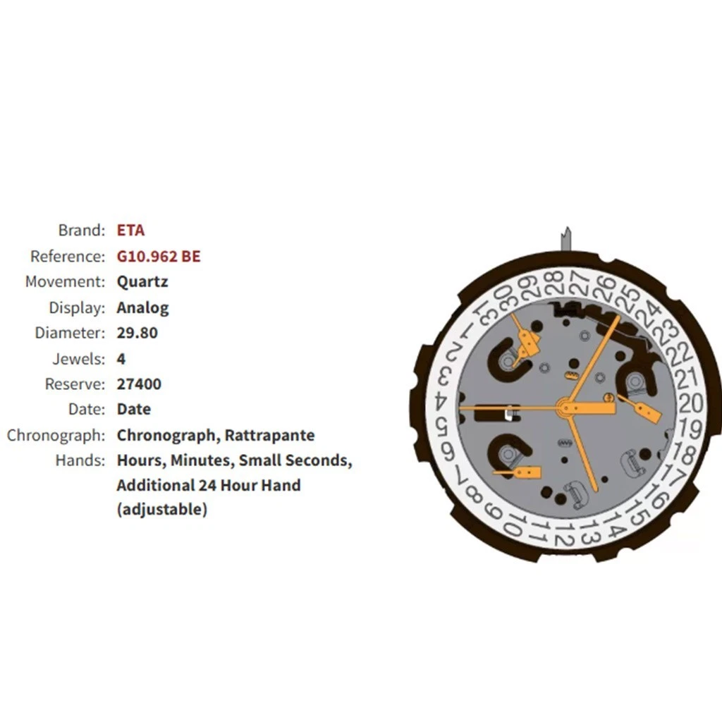 ETA G10.962 BE-Swiss Quartz Movement-White Date Disk At 6-3 Hands-Chronograph. thumbnail 4