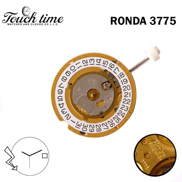 Ronda Harley 3775 سويسري ساعة حركة - أبيض قرص التاريخ عند 3-1 Jewels - لون ذهبي. thumbnail 2