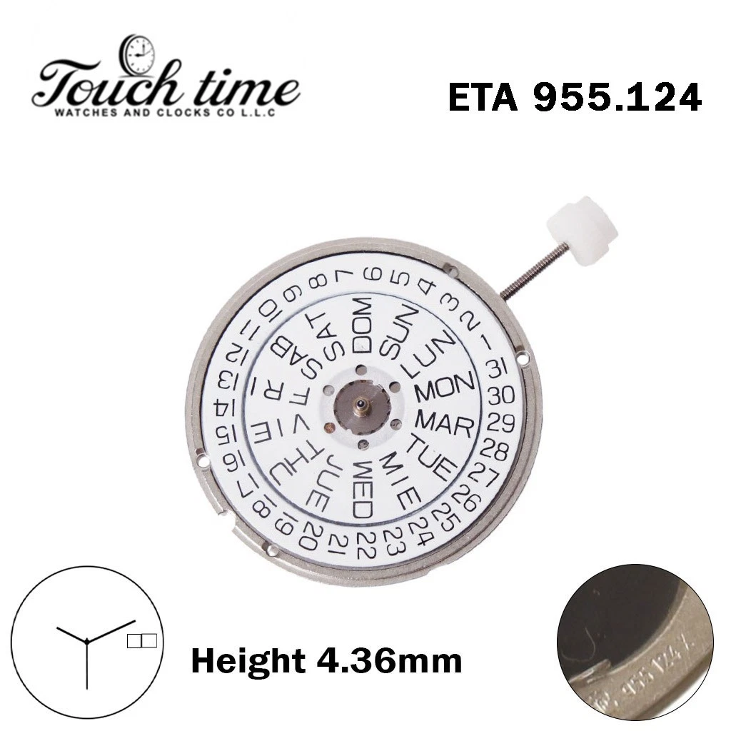 ETA 955.124 Quartz Swiss Movement-White Day/Date Disk At 3-3 Hands-H:4.36mm-English/Spanish Day Language. thumbnail 2