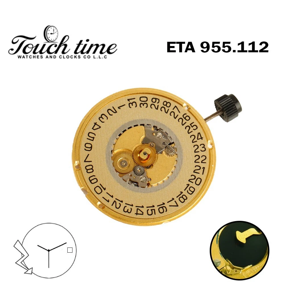 ETA 955.112 Swiss Made Quartz Movement, Gold Date Disk At 3 , 3 Hands. thumbnail 2
