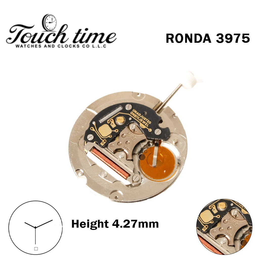 RONDA 3975 -Harley-Swiss Watch Movement-3 Hands-White Disk At 6-Height:4.27mm.