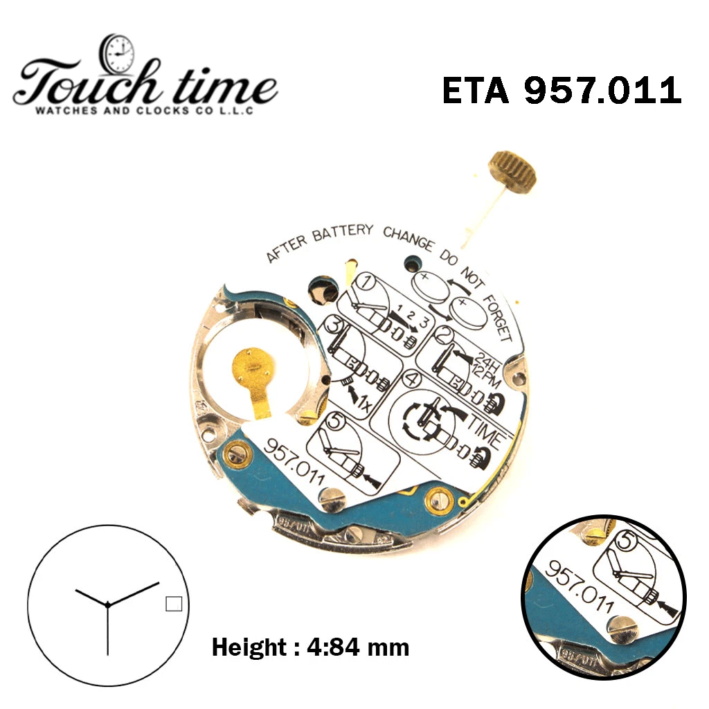 ETA 957.011 - حركة كوارتز سويسرية - أبيض تاريخ/Day قرص عند 3-3 عقارب.