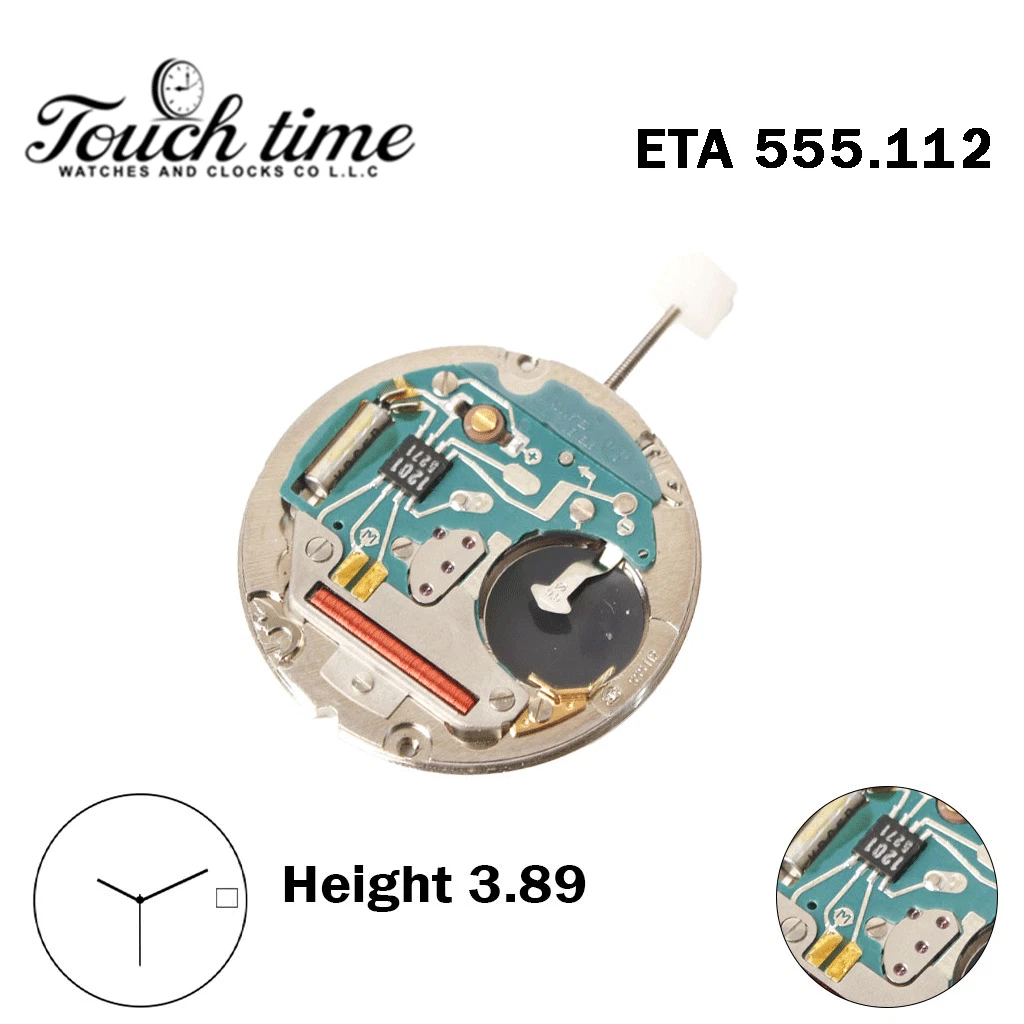 ETA 555.112-Swiss Made Movement-White Disk At 3 -3 Hands-H:3.89mm.