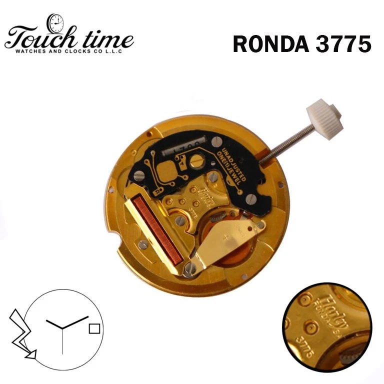 Ronda Harley 3775 Swiss Watch Movement-White Date Disk at 3-1 Jewels-Gold Color.