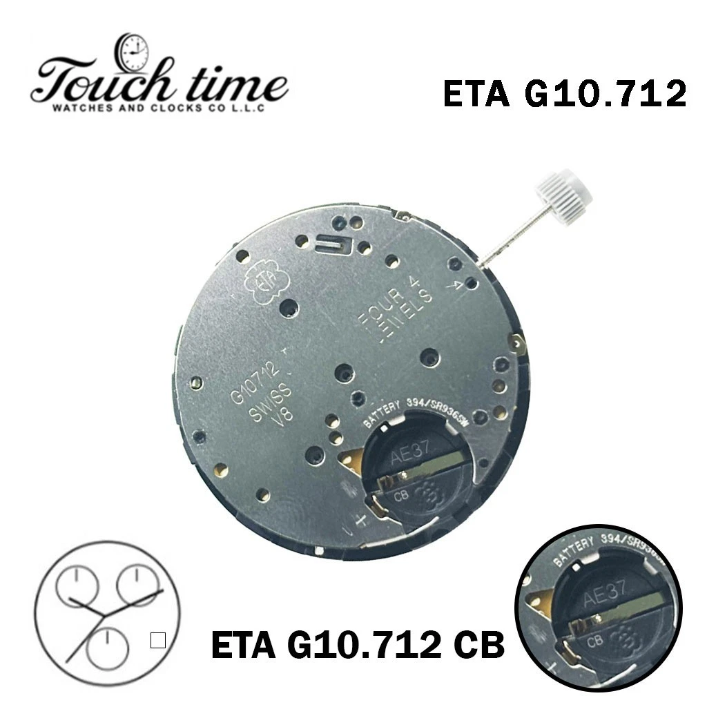 ETA G10.712 CB-Quartz Movement-Replacement ETA G10.711- White Date Disk At 4-3 Hands.