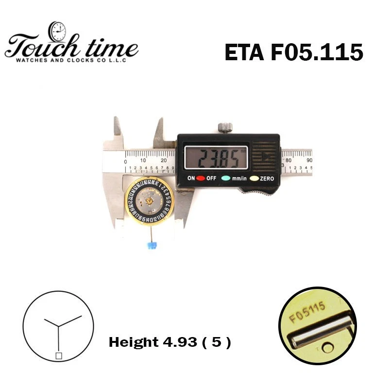 ETA F05.115 Swiss Watch Movement-H:5(4.93mm)-Black Date Disk At 6 -Gold Plated. thumbnail 4