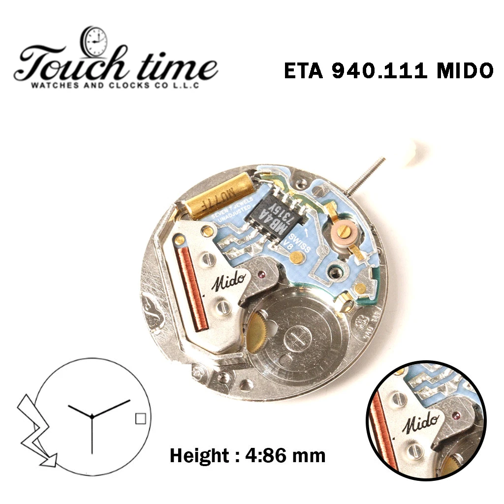 ETA 940.111 - MIDO - حركة كوارتز سويسرية - الارتفاع: 4.86mm - 3 عقارب - أبيض قرص عند 3.