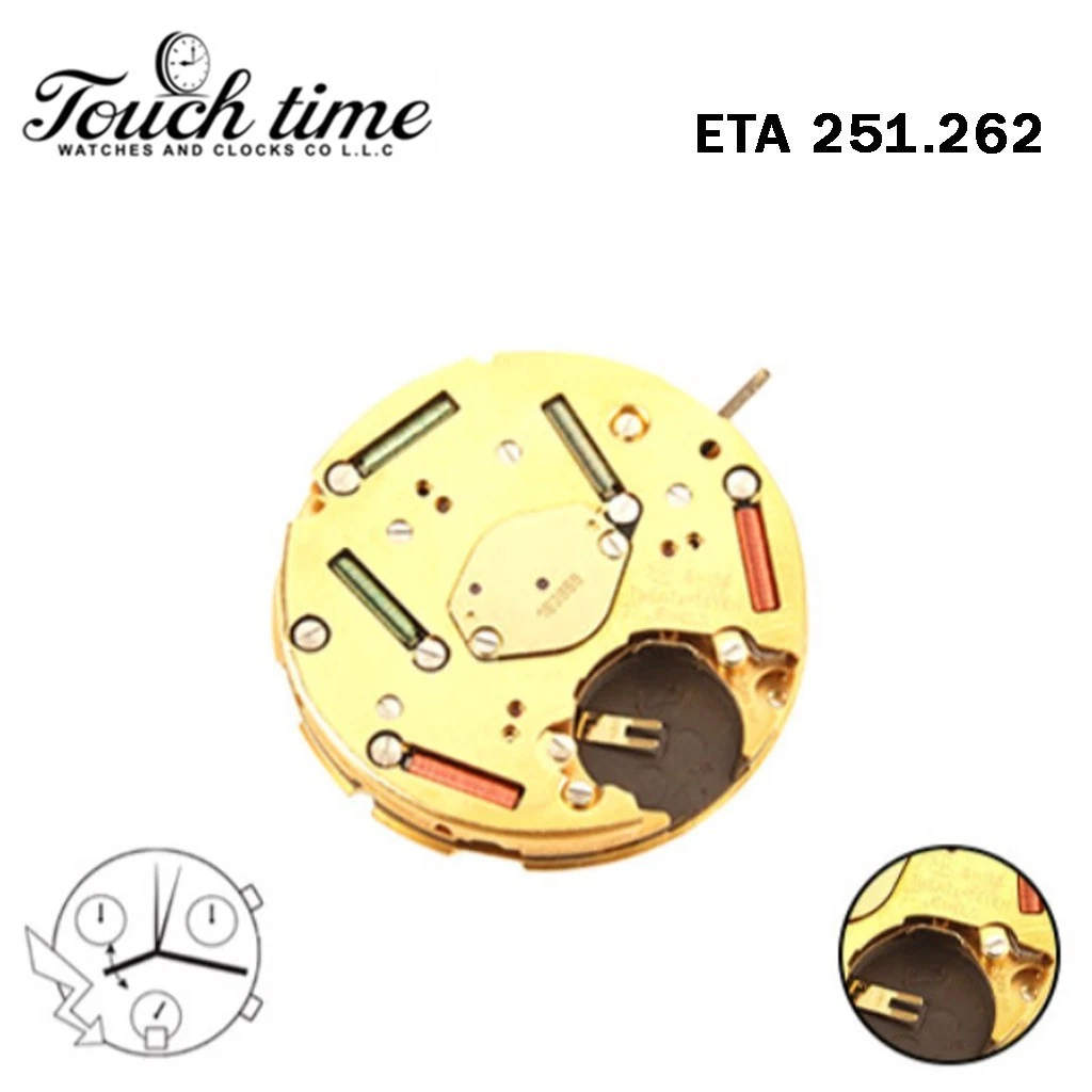 ETA 251.262 - حركة كوارتز سويسرية - Chronograph - أبيض قرص التاريخ عند 4(Horizontal).