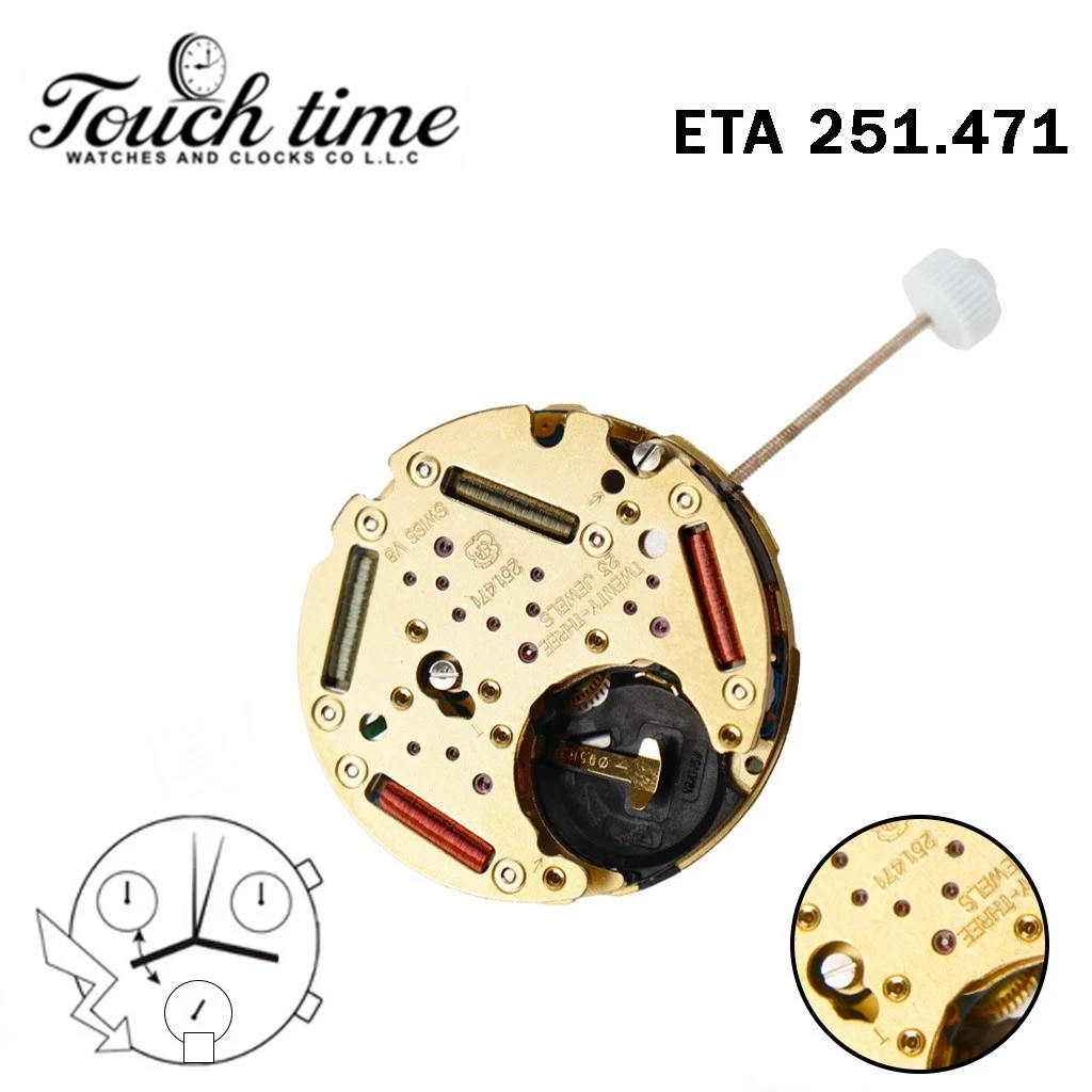 ETA 251.471 حركة سويسرية - Chronograph - أبيض قرص عند 6-3 Couner - الارتفاع: 5.84mm.