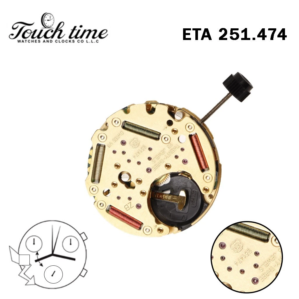 ETA 251.474 حركة سويسرية - Chronograph - أبيض قرص عند 9-3 Couner - الارتفاع: 6.58mm.
