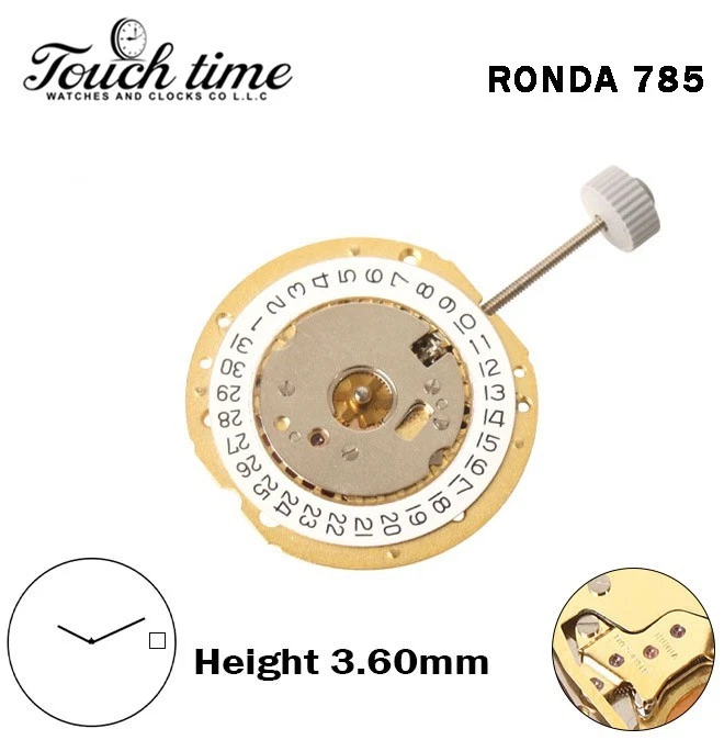 RONDA 785 Swiss Quartz Movement–2 Hands–White Disk at 3–Gold Circuit–Height 3.60mm thumbnail 2