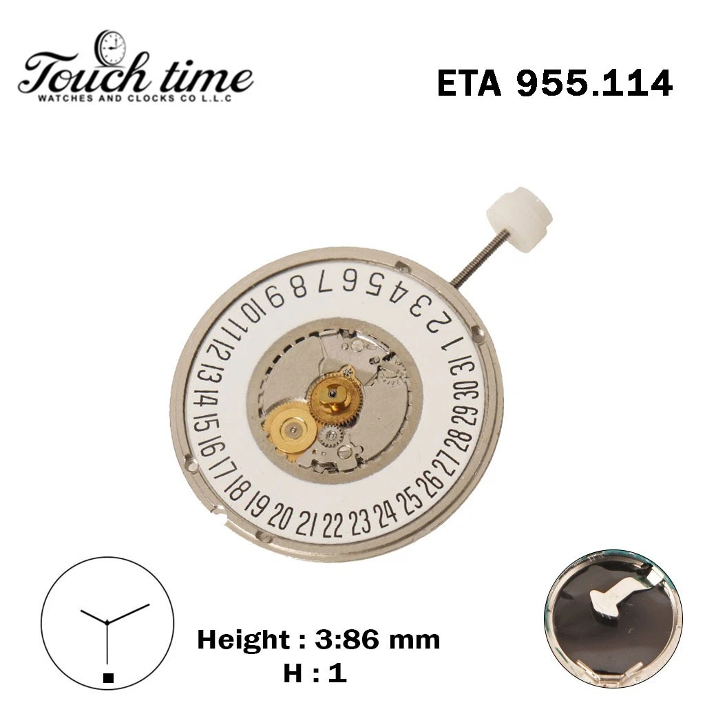 ETA 955.114 كوارتز حركة سويسرية - أبيض قرص التاريخ عند 6-3 عقارب - الارتفاع: 1(3.86mm) thumbnail 2
