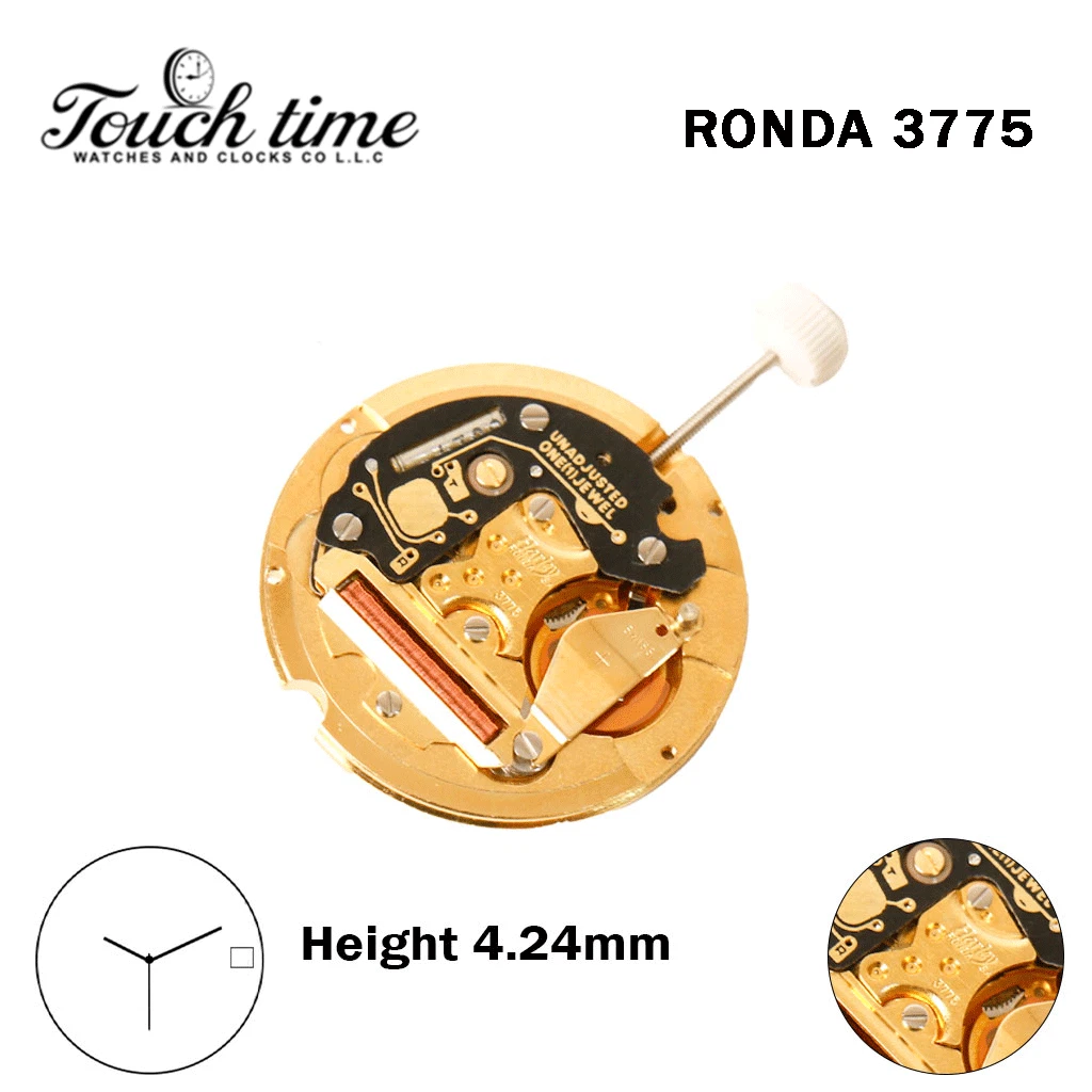 RONDA 3775 -Harley-Swiss Watch Movement-3 Hands-Gold Disk At 3-Height:4.24mm.