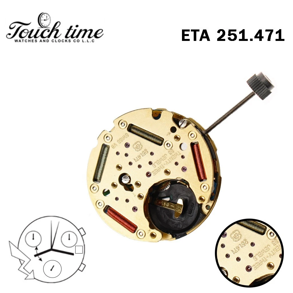 ETA 251.471 حركة سويسرية - Chronograph - أسود قرص عند 3-3 Couner - الارتفاع: 6.55mm.