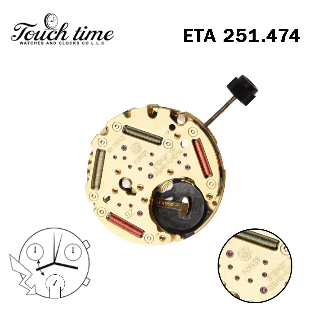 ETA 251.474 حركة سويسرية - Chronograph - أبيض قرص عند 6-3 Couner - الارتفاع: 6.61mm