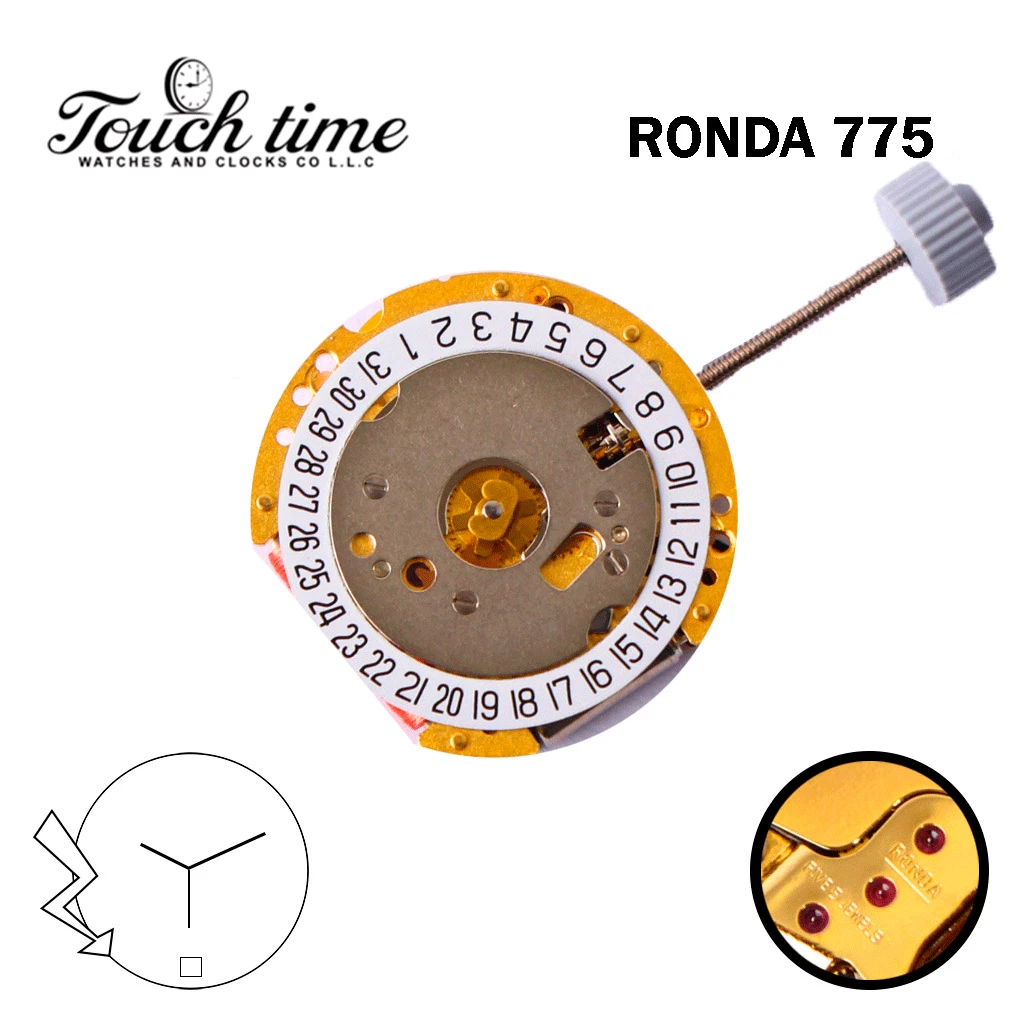 RONDA 775 Swiss Quartz Movement-White Date Disk At 6- 3 Hands-Height:3.67mm. thumbnail 2