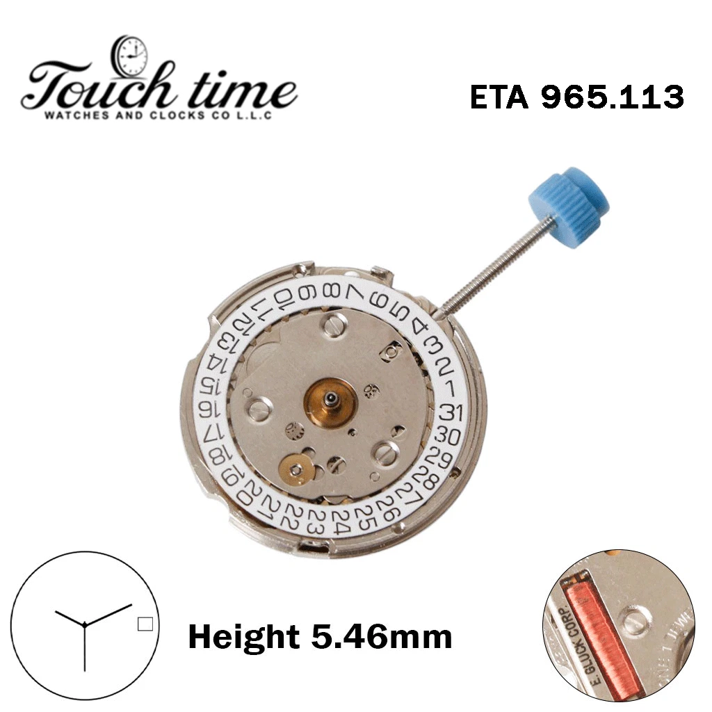 ETA 965.113 - E.GLUCK CORP - حركة كوارتز - أبيض قرص التاريخ عند 3 - H: 5.46mm - 3 عقارب. thumbnail 2