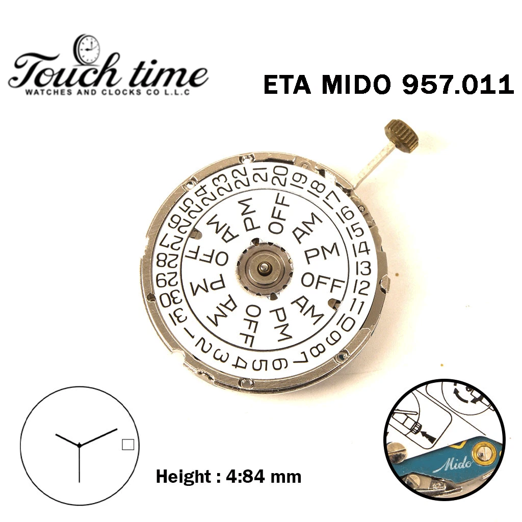 ETA 957.011 - MIDO - حركة كوارتز سويسرية - أبيض تاريخ/Day قرص عند 3-3 عقارب - H: 4.84mm thumbnail 2
